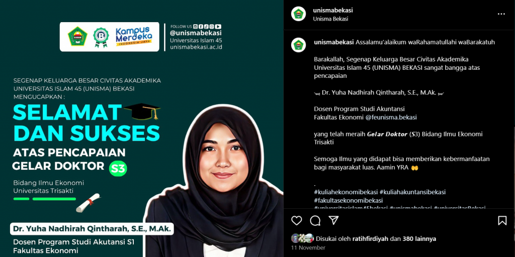 SELAMAT ATAS PENCAPAIAN GELAR DOKTOR UNTUK DOSEN PRODI. AKUNTANSI FE UNIVERSITAS ISLAM 45 Dr. Yuha Nadhirah Qintharah, S.E., M.Ak